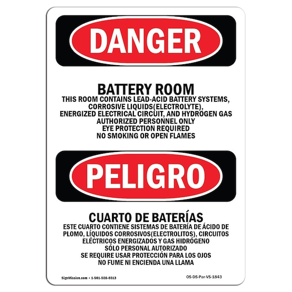Safety Sign, OSHA Danger, 5" Height, Battery Room Bilingual Spanish, 10PK